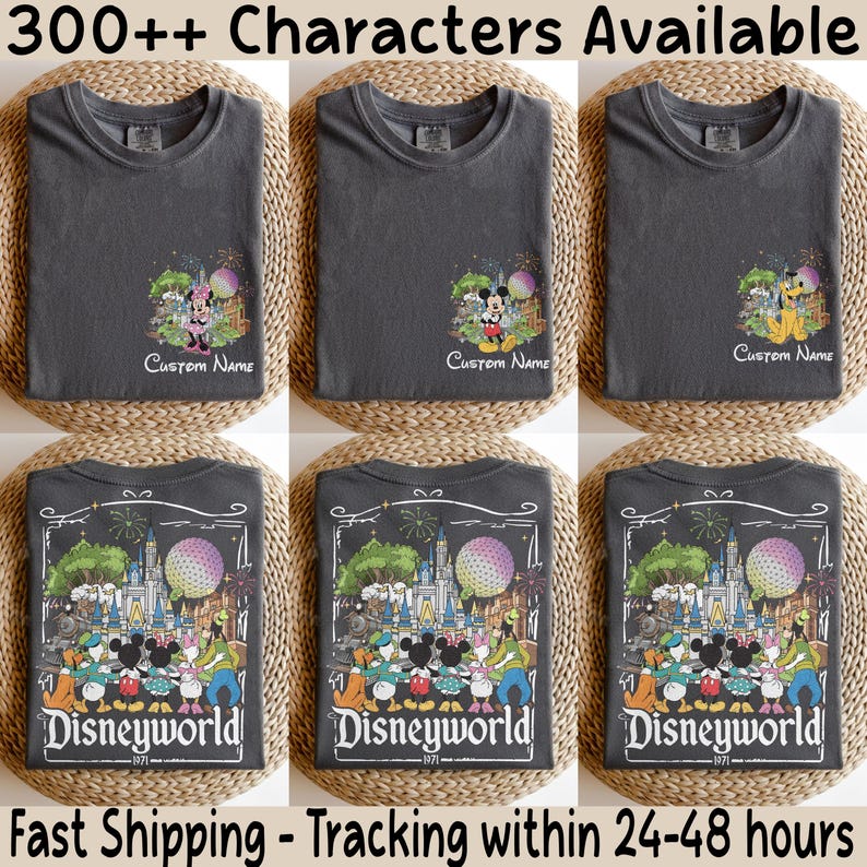 May include: Six gray t-shirts with Disney character graphics. The top row features Minnie Mouse, Mickey Mouse, and Goofy with the text "Custom Name". The bottom row displays a "Disneyworld 1971" design.