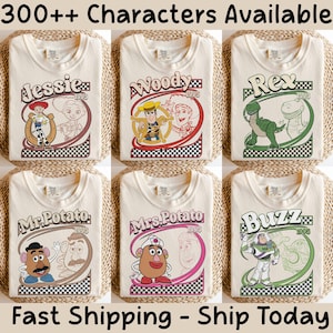 May include: Cream-colored t-shirts featuring various Toy Story characters: Jessie, Woody, Rex, Mr. Potato Head, Mrs. Potato Head, and Buzz Lightyear. Each design includes the character's name and the year 1995, set within a retro-style frame. The text "300++ Characters Available" is at the top.