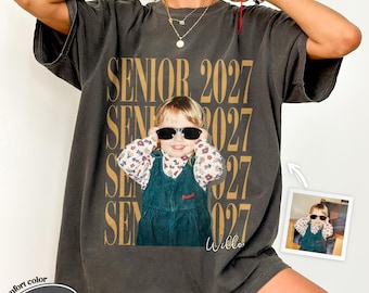 Personalised Senior 2027 Photo Shirt, Custom Picture Graduation Tee, Class Of 2027 Grad Gift, Vintage Bootleg Senior Year Gift