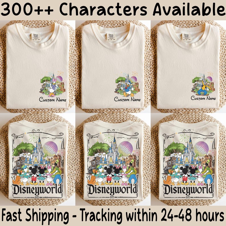 May include: Cream-colored t-shirts with Disney character graphics. Some shirts feature Donald Duck, Goofy, and other characters with the text "Custom Name." Other shirts display a larger "Disneyworld" graphic with Mickey and Minnie Mouse, and the text "1971."