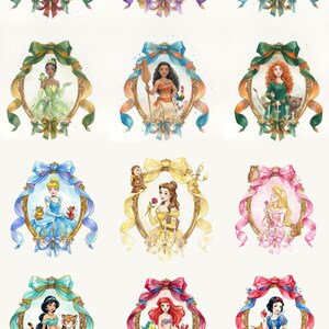 May include: Watercolor illustrations of Disney princesses in ornate gold frames with colorful ribbons. Each princess is depicted in her iconic attire. Text at the bottom reads: "If you want a different character, please enter that Disney character's name in personalization."