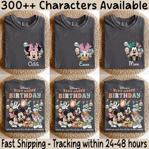 Puede incluir: Seis camisetas grises con dise&ntilde;os de personajes de Disney. Tres camisetas presentan a Minnie Mouse, Daisy y Goofy con nombres. Las otras tres camisetas tienen un dise&ntilde;o de "Muy Feliz Cumplea&ntilde;os" con personajes de Disney. Texto: "300++ caracteres disponibles".