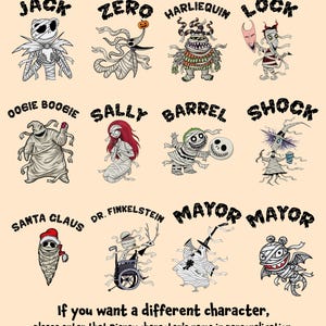 Op de afbeelding: Illustratie met personages uit een film, waaronder Jack, Zero, Sally en anderen. Elk personage is afgebeeld in een unieke stijl met duidelijke kenmerken. De tekst onderaan luidt: "If you want a different character, please enter that Disney character's name in personalization."