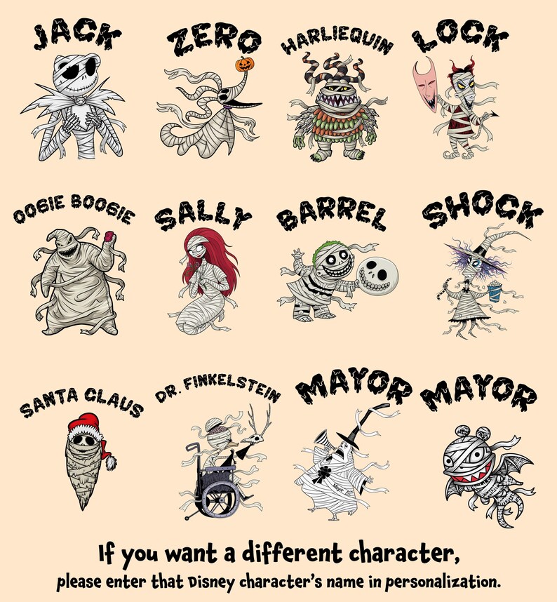 Op de afbeelding: Illustratie met personages uit een film, waaronder Jack, Zero, Sally en anderen. Elk personage is afgebeeld in een unieke stijl met duidelijke kenmerken. De tekst onderaan luidt: "If you want a different character, please enter that Disney character's name in personalization."
