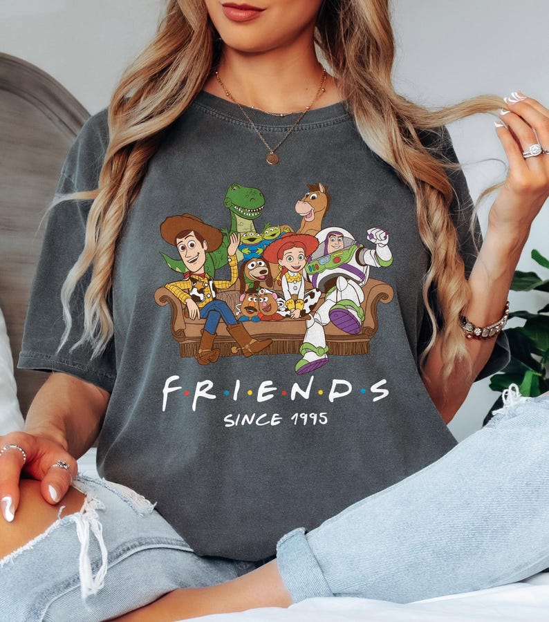 May include: Dark gray t-shirt featuring a graphic of Toy Story characters sitting on a couch. The word "FRIENDS" is printed in white, with "SINCE 1995" below it. The shirt has a crew neck and short sleeves.