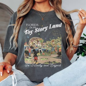 May include: Dark gray t-shirt featuring a colorful graphic of Toy Story Land in Florida. The design includes characters like Woody and Mickey Mouse, with the text "Toy Story Land" and "To Infinity and Beyond".