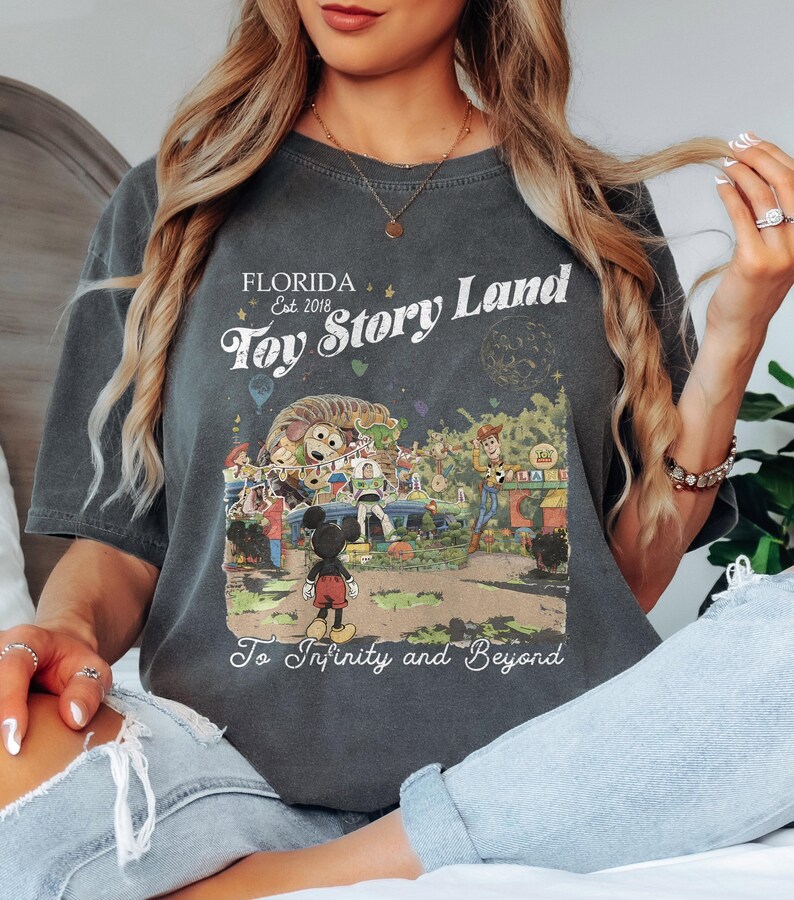 May include: Dark gray t-shirt featuring a colorful graphic of Toy Story Land in Florida. The design includes characters like Woody and Mickey Mouse, with the text "Toy Story Land" and "To Infinity and Beyond".
