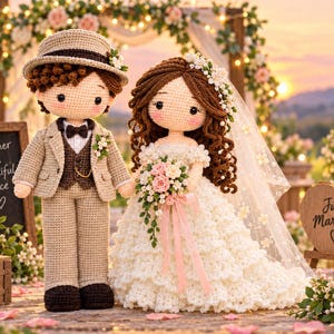 May include: Two crocheted dolls dressed for a wedding. The figure on the left wears a beige suit, brown vest, and hat. The figure on the right wears a white tiered gown, a veil with floral accents, and holds a bouquet of pink and white flowers.
