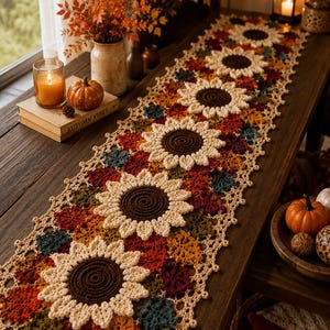 May include: A long, rectangular crochet table runner featuring a repeating pattern of large, cream-colored sunflower motifs with dark brown centers, interspersed with smaller, multi-colored leaf-shaped crochet elements in shades of red, orange, and green.