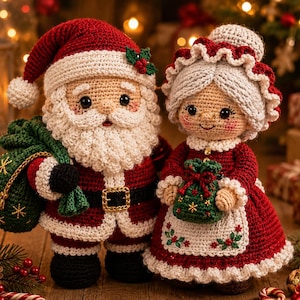 May include: Two crocheted dolls representing Santa Claus and Mrs. Claus. Santa wears a red suit with white trim, a black belt, and carries a green sack. Mrs. Claus wears a red dress with a white apron featuring floral embroidery and a matching bonnet.