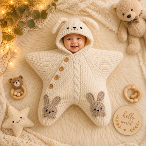 May include: A cream-colored, star-shaped knitted baby bunting with a hood featuring rabbit ears. The garment has a diagonal row of four wooden buttons, a vertical cable knit pattern, and two small crocheted rabbit faces on the lower points.