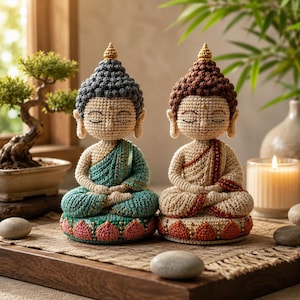 May include: Two crocheted Buddha figurines sitting in a lotus position. The left figure has dark grey hair and a teal robe with pink accents. The right figure has brown hair and a beige robe with red accents. Both have gold-coloured topknots.