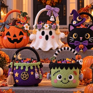 May include: Five crocheted Halloween candy baskets featuring a pumpkin, a ghost with a bow, a black cat with a witch hat, a purple cauldron with a broom, and a green monster. Each basket is filled with assorted candy and has a unique handle.