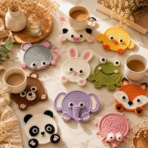 Può includere: Una collezione di dieci sottobicchieri rotondi all'uncinetto a forma di animale: mucca, pulcino, topo, coniglio, rana, orso, elefante, volpe, panda e riccio. Ogni pezzo è realizzato con filato colorato e presenta occhi a bottone neri.
