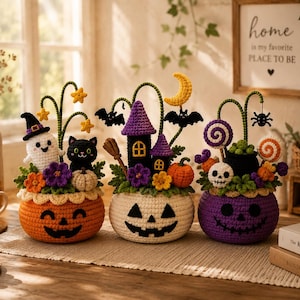 Könnte beinhalten: Drei gehäkelte Halloween-Behälter in Form von Kürbissen. Der orangefarbene zeigt ein Gespenst und eine schwarze Katze, der weiße einen violetten Turm und einen Besen, und der violette einen Totenkopf, einen Kessel und Lollis mit grünen Akzenten.