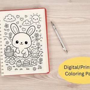 May include: A spiral-bound notebook with a red cover featuring a black and white illustration of a bunny having a picnic. A silver pen rests on a light wood surface. Text on a yellow oval reads "Digital/Printable Coloring Pages!"