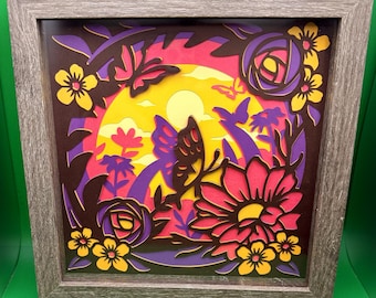 Butterflies/Flowers Shadow Box – 8x8 Layered Paper Wall Art, Spring Floral & Nature Decor, Birthday or Mother’s Day Gift | Natural Frame