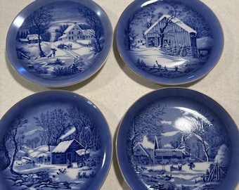 Vintage Currier And Ives Style Blue White Winter Scene Decorative Plates 4