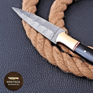 Hand-Forged Damascus Boot Knife | Bull Horn & Brass Handle, Leather Sheath