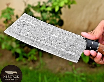 Hand-Forged Damascus Meat Cleaver, Wood Handle, Rain Drop Pattern