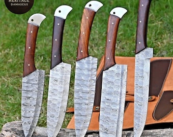 Damascus Chef Knife Set | Hand Forged Kitchen Knives, Rosewood Handle, Leather Roll