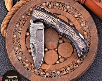 Damascus Folding Knife, Engraved Pakka Wood Handle, Custom Pocket Knife
