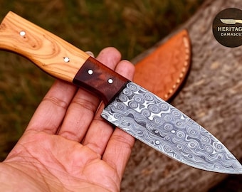 Hand-Forged Damascus Steel Hunting Knife | Wood Handle, Leather Sheath