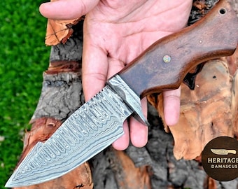 Hand-Forged Damascus Hunting Knife | Wood Handle, Leather Sheath