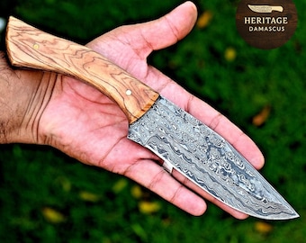 Hand-Forged Damascus Bowie Knife, Rain Drop Pattern, Wood Handle, Leather Sheath