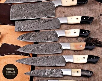 Hand-Forged Damascus Chef Knife Set | Camel Bone Handles, Twist Pattern
