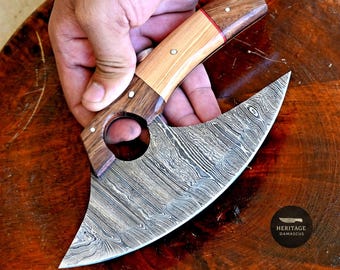 Handmade Damascus Ulu Knife, Rocking Kitchen Knife, Wood Handle, Leather Sheath