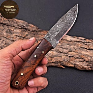 Hand-Forged Damascus Skinner Knife | Rustic Wood Handle, Leather Sheath