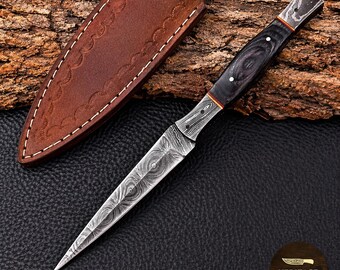 Handmade Damascus Collectible Knife, 8.5 Inch Fixed Blade with Wood Handle & Leather Sheath | Rustic Gift for Him