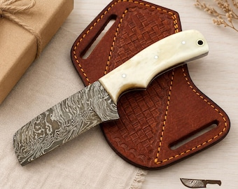 Damascus Bull Cutter Knife – White Bone Handle, Full Tang, Cowboy Skinner, Leather Sheath