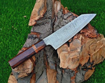 Hand Forged Damascus Chef Knife | 13" Wood Handle Kitchen Knife | Ladder Pattern Steel
