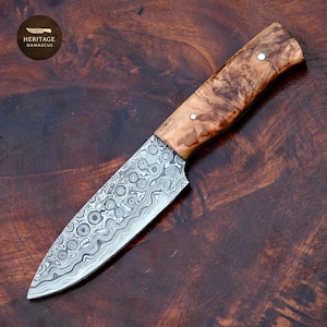 Handmade Damascus Skinning Knife | 8.25&quot; Forged Hunting Knife with Wood Handle and Sheath | Survival Collectible Outdoor Knife Gift for Him