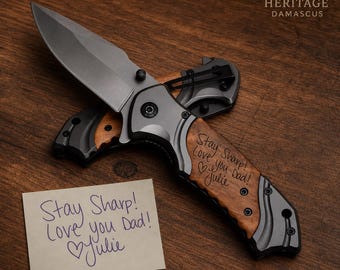 Personalized Pocket Knife, Handwriting Engraved Wood Handle, Dad Gift