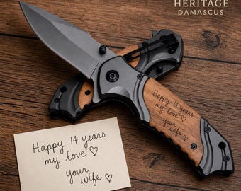 Personalized Handwriting Engraved Wood Handle Pocket Knife, 5th Anniversary Gift for Husband