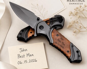 Personalized Engraved Pocket Knife | Wood Handle Groomsmen Gift, Man, Wedding Party