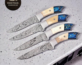 Handmade Damascus Steak Knife Set – Twist Pattern, Camel Bone Handle