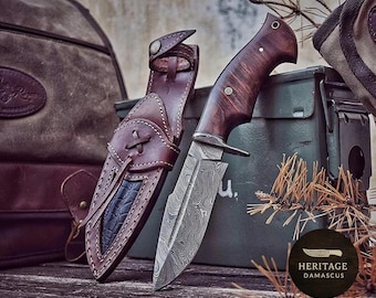 Hand-Forged Damascus Bowie Knife | Rose Wood Handle, Leather Sheath