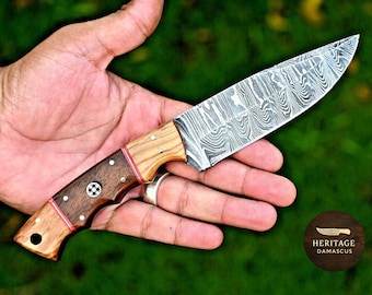 Hand-Forged Damascus Skinner Knife, Wood Handle, Leather Sheath