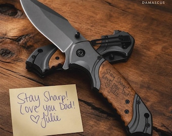 Personalized Handwriting Engraved Wood Handle Pocket Knife, Groomsmen Gift