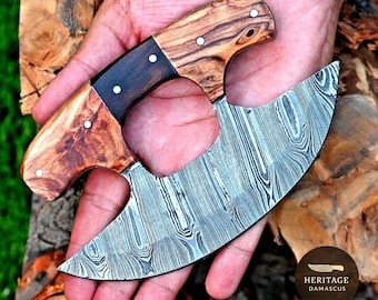 Damascus Ulu Knife, Wood Handle, Handmade Rocking Kitchen Knife