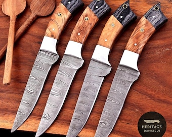 Hand Forged Damascus Steak Knife Set | 4 Piece Kitchen Knives, Wood Handle