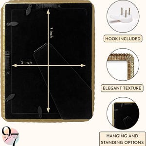 The black velvet back of a beaded rectangular picture frame with 7 by 5 inch height and width markers, plus inset photos of a wall hook and corner texture.