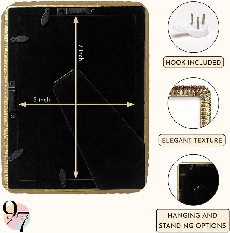 The black velvet back of a beaded rectangular picture frame with 7 by 5 inch height and width markers, plus inset photos of a wall hook and corner texture.