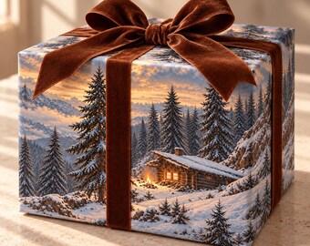 Winter Cabin Christmas Wrapping Paper, Snowy Forest Gift Wrap, Rustic Alpine Landscape, Holiday Packaging for Mountain Lovers