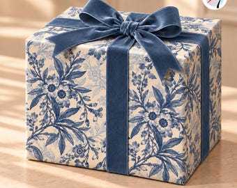 Blue Floral Wrapping Paper, Chinoiserie Style, Vintage Botanicals, Ivory Background