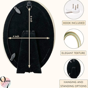 The back of an oval frame, showing a 4x6 inch measurement, an easel stand, a hanging hook, and text describing features like "HOOK INCLUDED" and "HANGING AND STANDING OPTIONS."